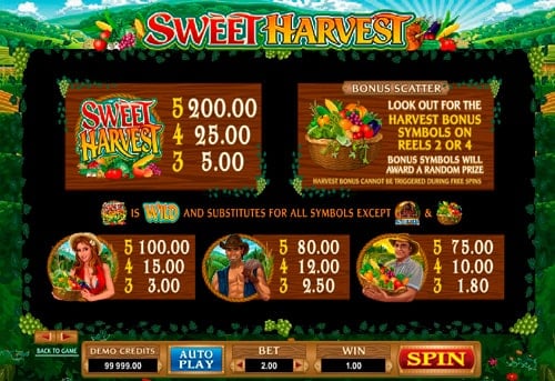 Символы и коэффициенты в онлайн игре Sweet Harvest
